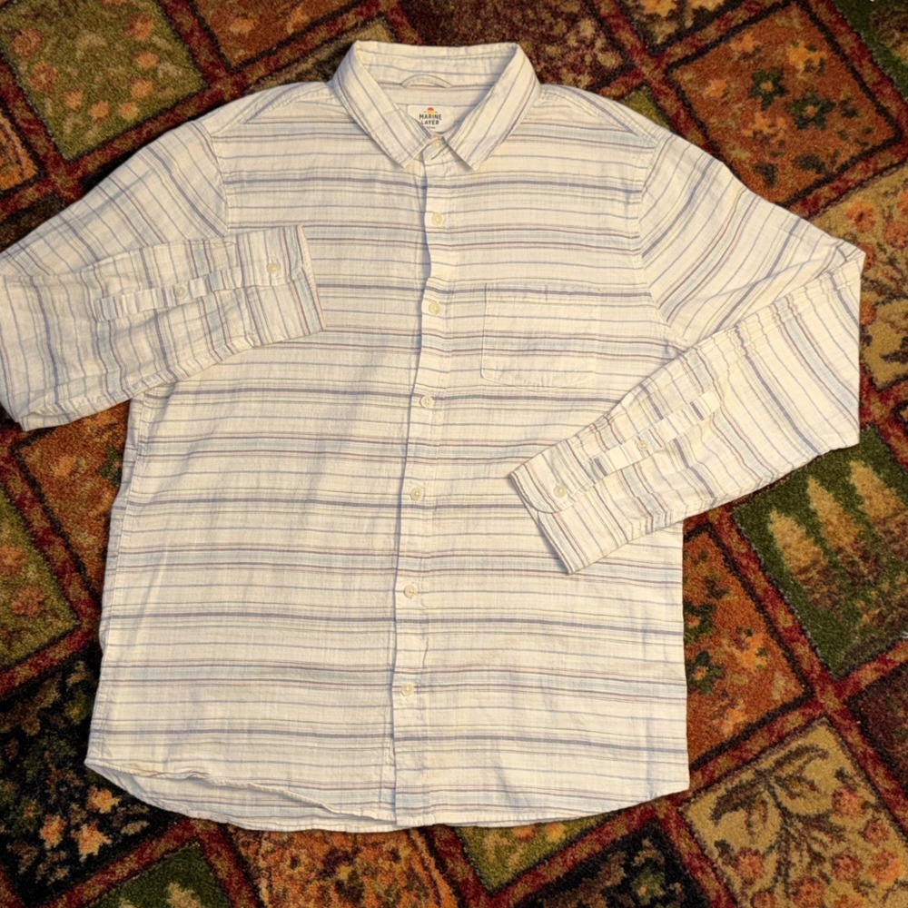 Marine Layer Stretch Selvage Shirt Ivory Natural Stripe Long Sleeve Large